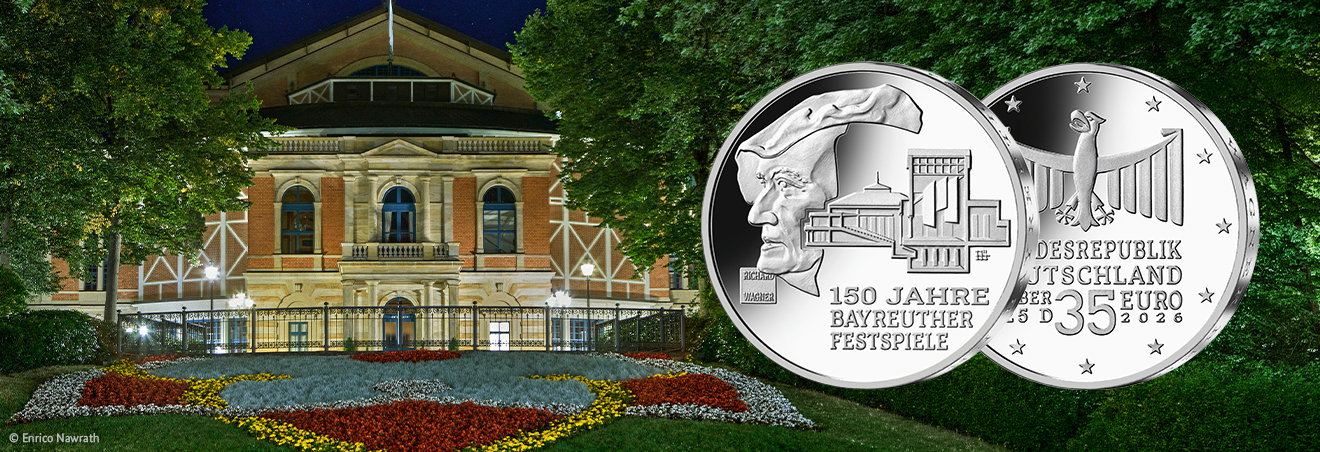 Abbildung des Festspielhauses in Bayreuth sowie der 35-Silbermünze 150 Jahre Bayreuther Festspiele mit Bild und Wertseite
